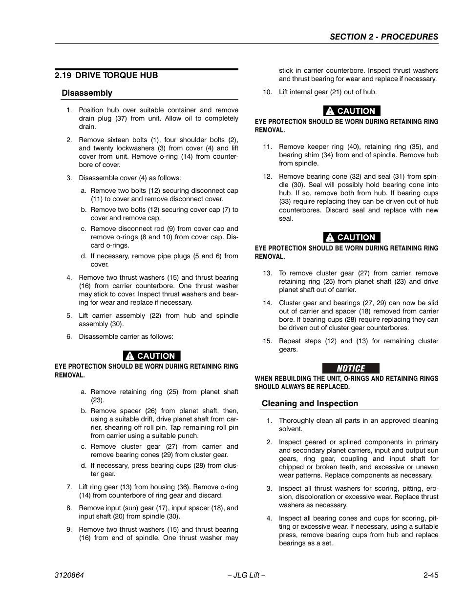 19 drive torque hub, Disassembly, Cleaning and inspection | Drive torque hub -45, Disassembly -45 cleaning and inspection -45 | JLG 110HX Service Manual User Manual | Page 69 / 162