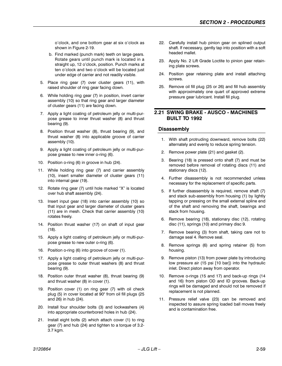 21 swing brake - ausco - machines built to 1992, Disassembly, Swing brake - ausco - machines built to 1992 -59 | Disassembly -59 | JLG 110HX Service Manual User Manual | Page 83 / 162
