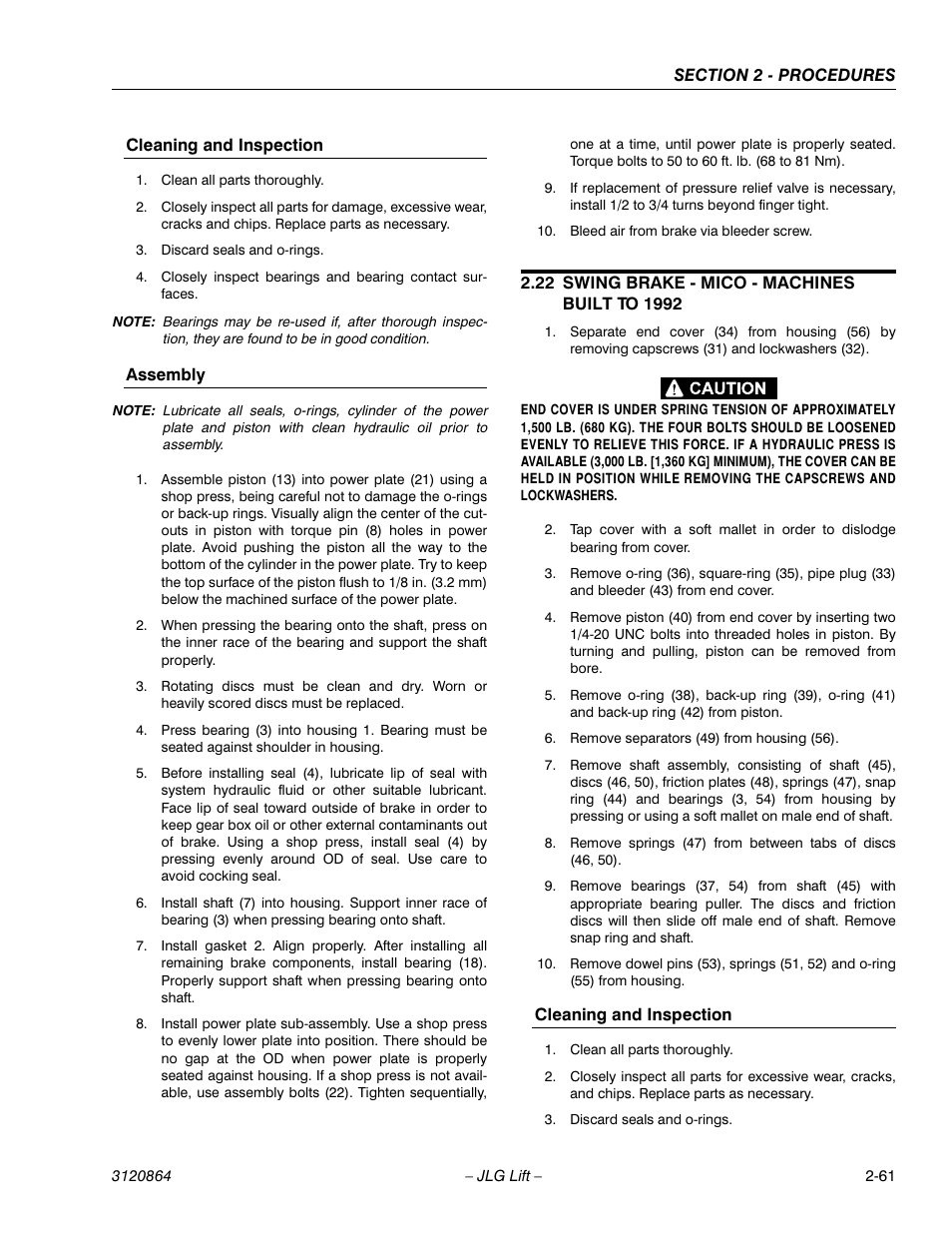 Cleaning and inspection, Assembly, 22 swing brake - mico - machines built to 1992 | Cleaning and inspection -61 assembly -61, Swing brake - mico - machines built to 1992 -61, Cleaning and inspection -61 | JLG 110HX Service Manual User Manual | Page 85 / 162
