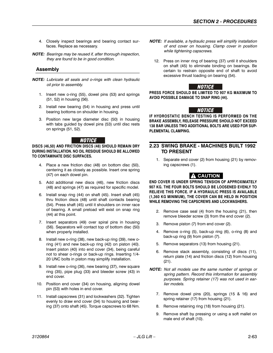 Assembly, 23 swing brake - machines built 1992 to present, Assembly -63 | Swing brake - machines built 1992 to present -63 | JLG 110HX Service Manual User Manual | Page 87 / 162