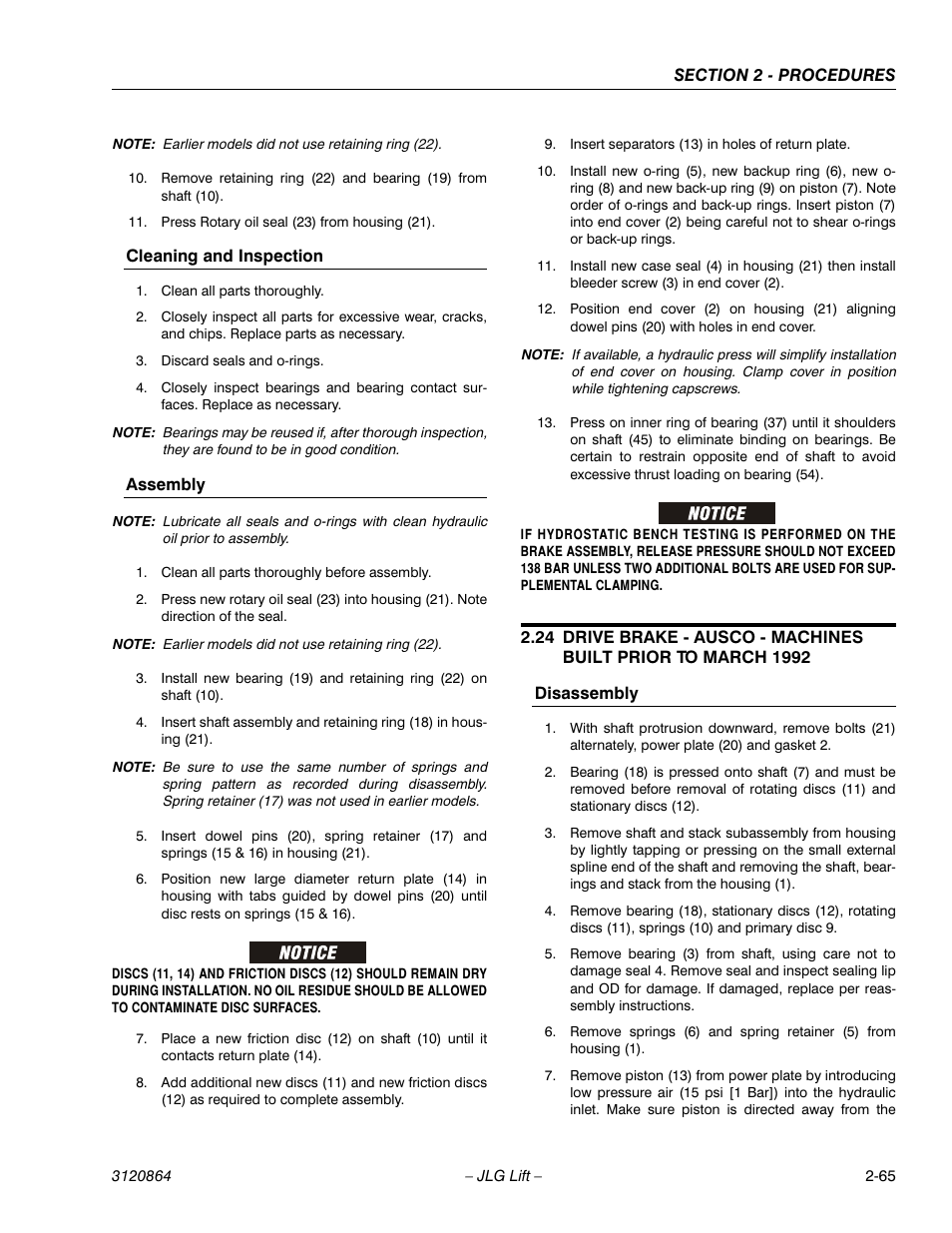 Cleaning and inspection, Assembly, Disassembly | Cleaning and inspection -65 assembly -65, Disassembly -65 | JLG 110HX Service Manual User Manual | Page 89 / 162