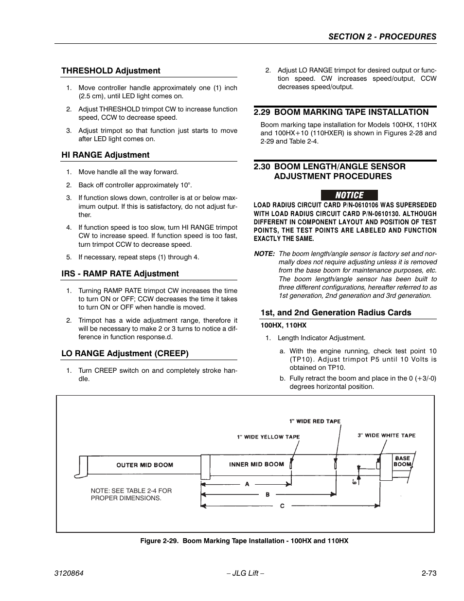 Threshold adjustment, Hi range adjustment, Irs - ramp rate adjustment | Lo range adjustment (creep), 29 boom marking tape installation, 30 boom length/angle sensor adjustment procedures, 1st, and 2nd generation radius cards, Boom marking tape installation -73, Boom length/angle sensor adjustment procedures -73, 1st, and 2nd generation radius cards -73 | JLG 110HX Service Manual User Manual | Page 97 / 162