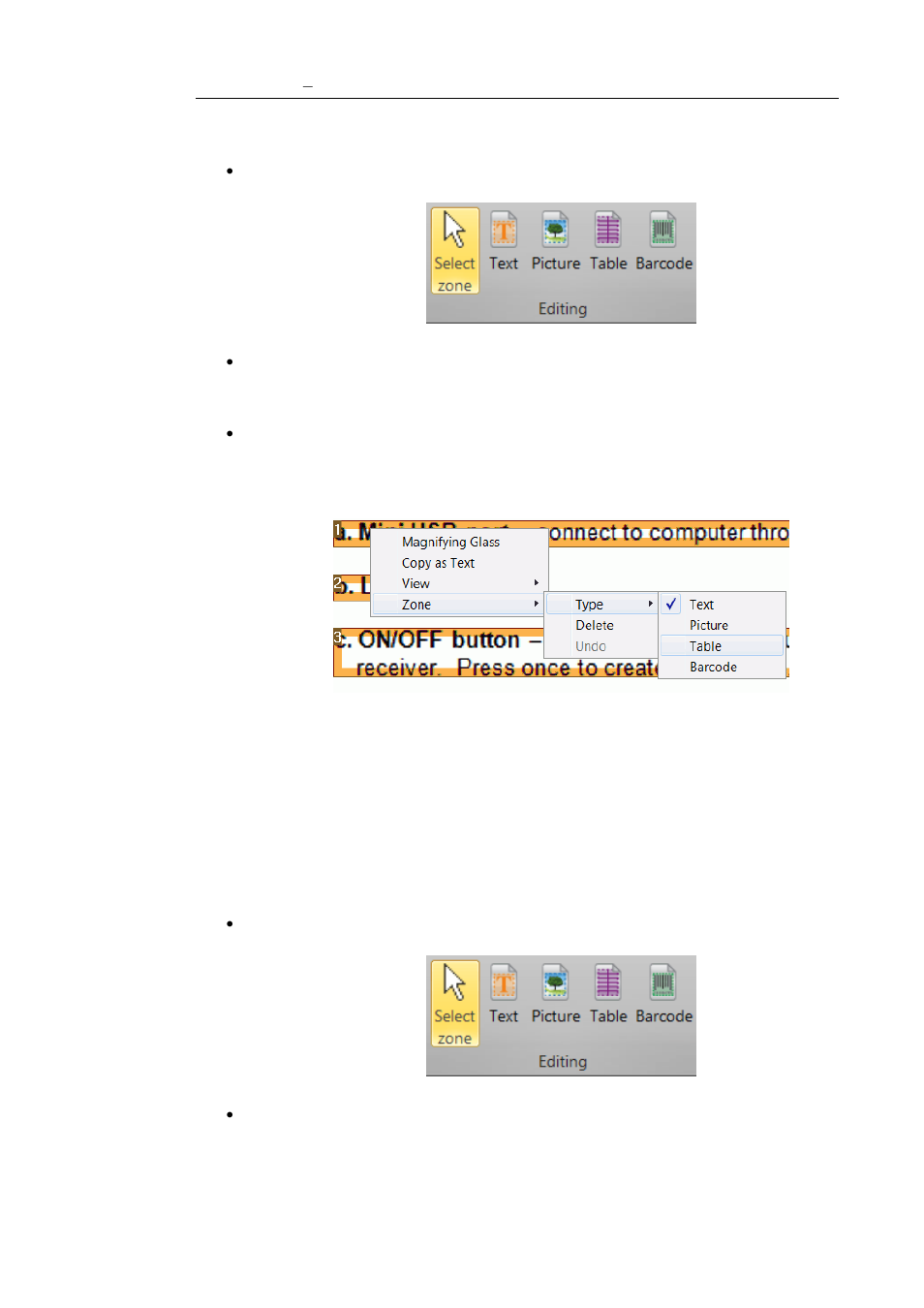 Expanding or reducing zones, Click select zone on the editing group, Click select zone in the editing group | I.R.I.S. Readiris 14 for Windows User Guide User Manual | Page 83 / 157