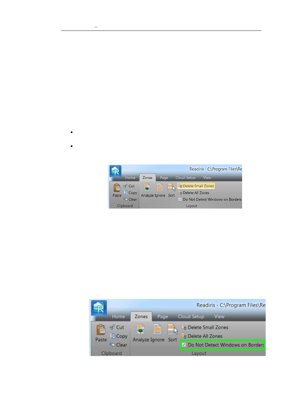 Deleting small zones, Ignoring zones on borders | I.R.I.S. Readiris 14 for Windows User Guide User Manual | Page 87 / 157