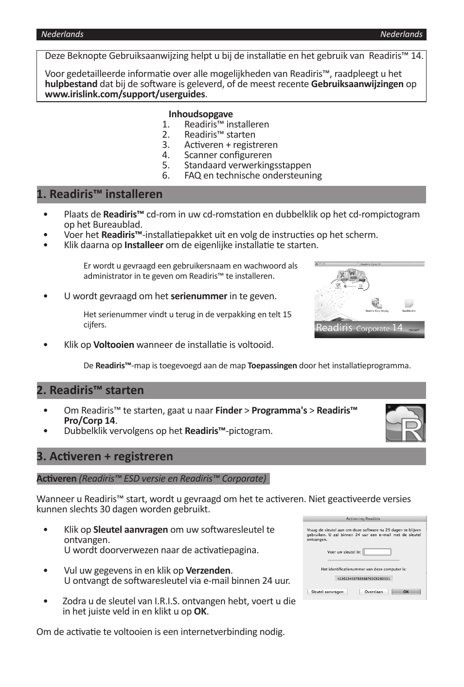 Readiris™ installeren, Readiris™ starten, Activeren + registreren | I.R.I.S. Readiris 14 for Windows for Mac Quick Start User Manual | Page 12 / 71