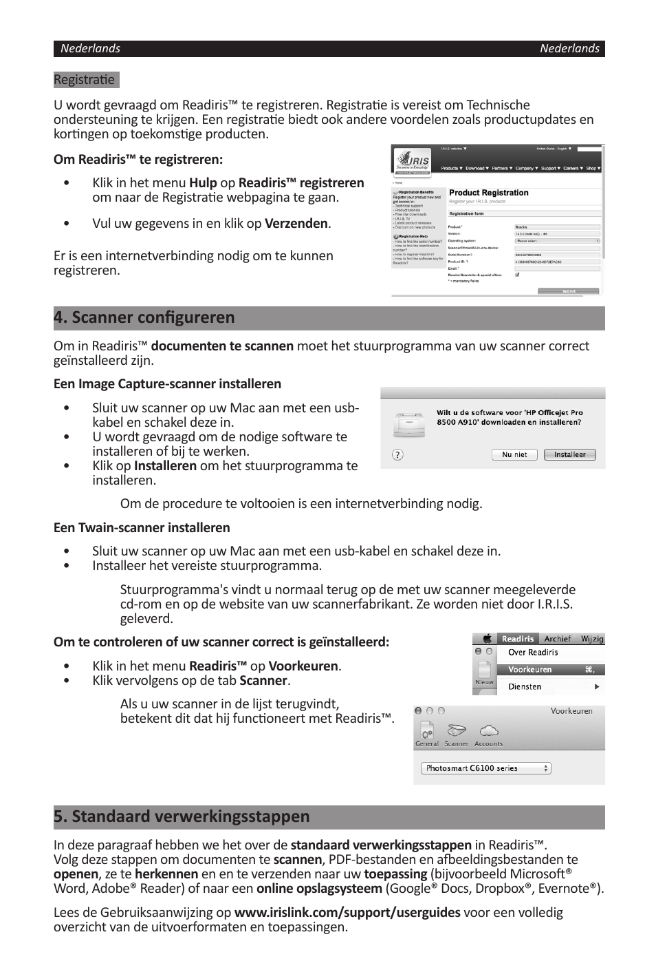 Scanner configureren, Standaard verwerkingsstappen | I.R.I.S. Readiris 14 for Windows for Mac Quick Start User Manual | Page 13 / 71
