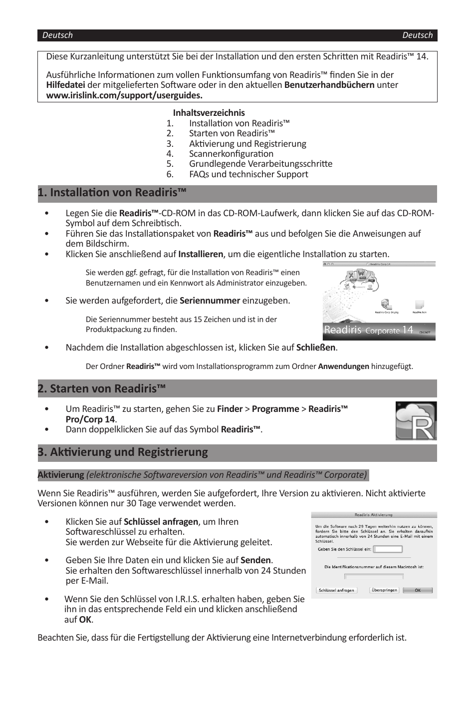 Installation von readiris, Starten von readiris, Aktivierung und registrierung | I.R.I.S. Readiris 14 for Windows for Mac Quick Start User Manual | Page 17 / 71