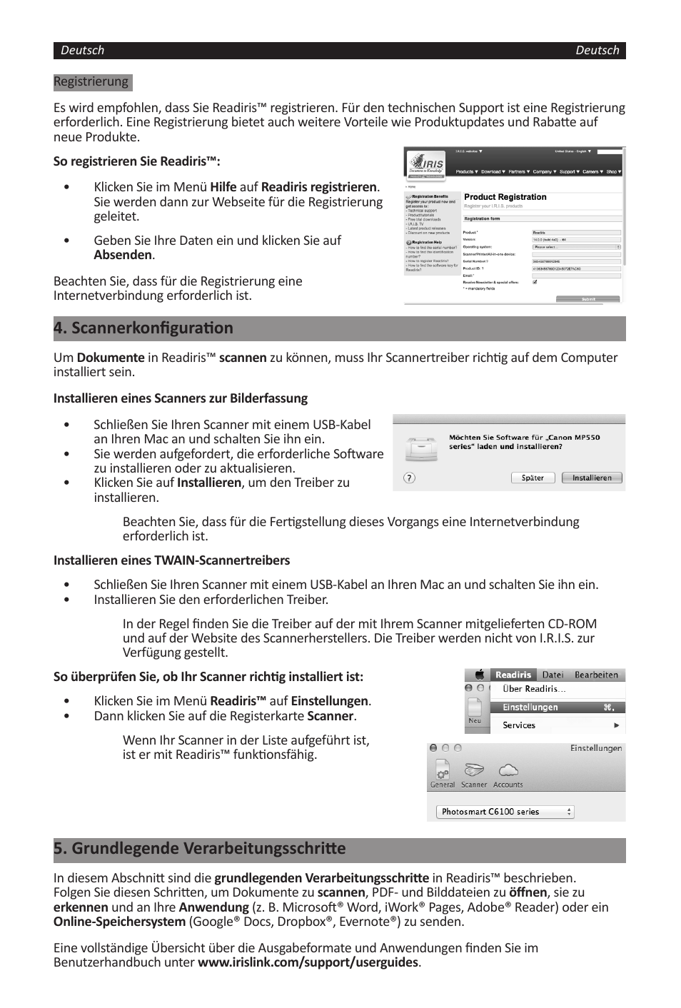 Scannerkonfiguration, Grundlegende verarbeitungsschritte | I.R.I.S. Readiris 14 for Windows for Mac Quick Start User Manual | Page 18 / 71