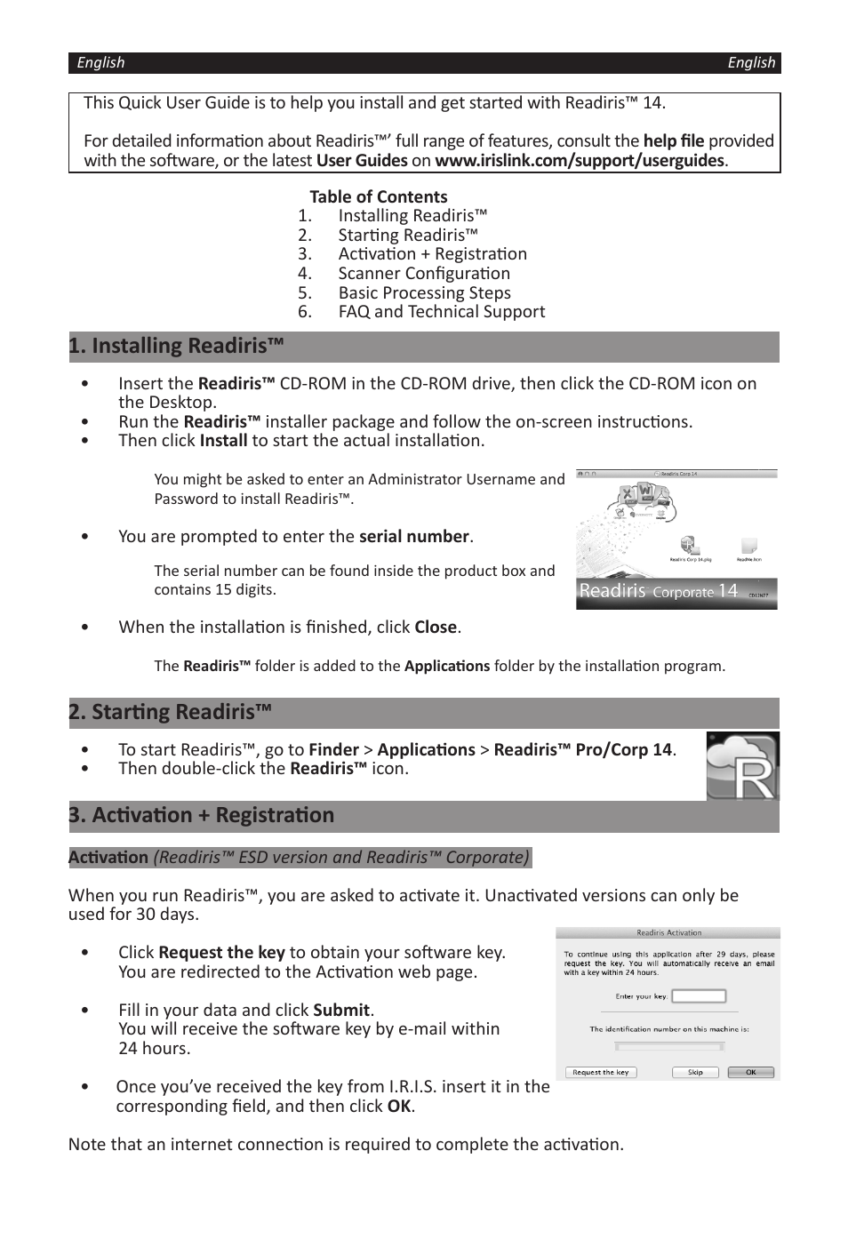 Installing readiris, Starting readiris, Activation + registration | I.R.I.S. Readiris 14 for Windows for Mac Quick Start User Manual | Page 2 / 71