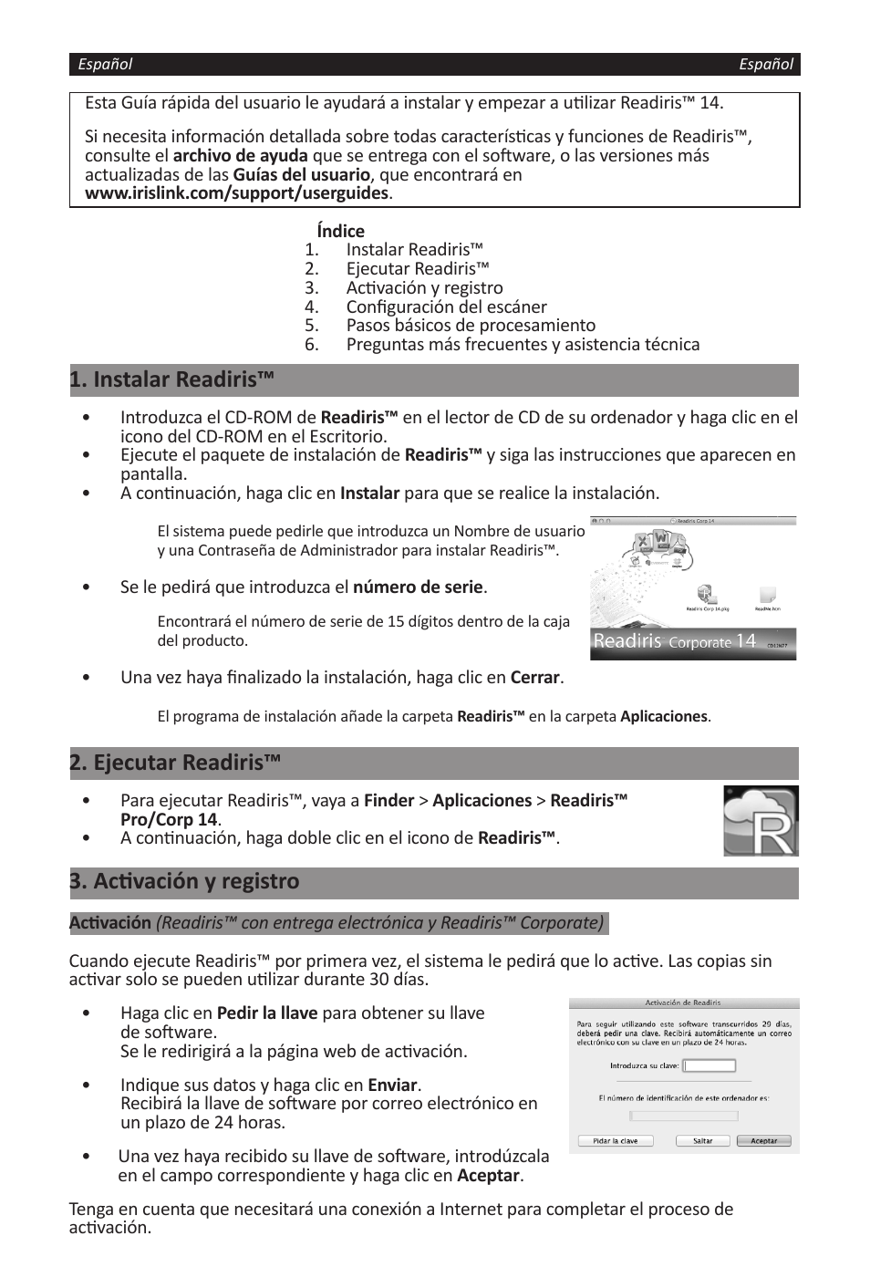 Instalar readiris, Ejecutar readiris, Activación y registro | I.R.I.S. Readiris 14 for Windows for Mac Quick Start User Manual | Page 22 / 71