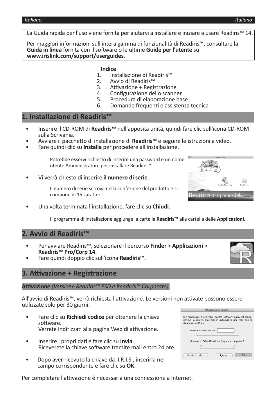 Installazione di readiris, Avvio di readiris, Attivazione + registrazione | I.R.I.S. Readiris 14 for Windows for Mac Quick Start User Manual | Page 27 / 71