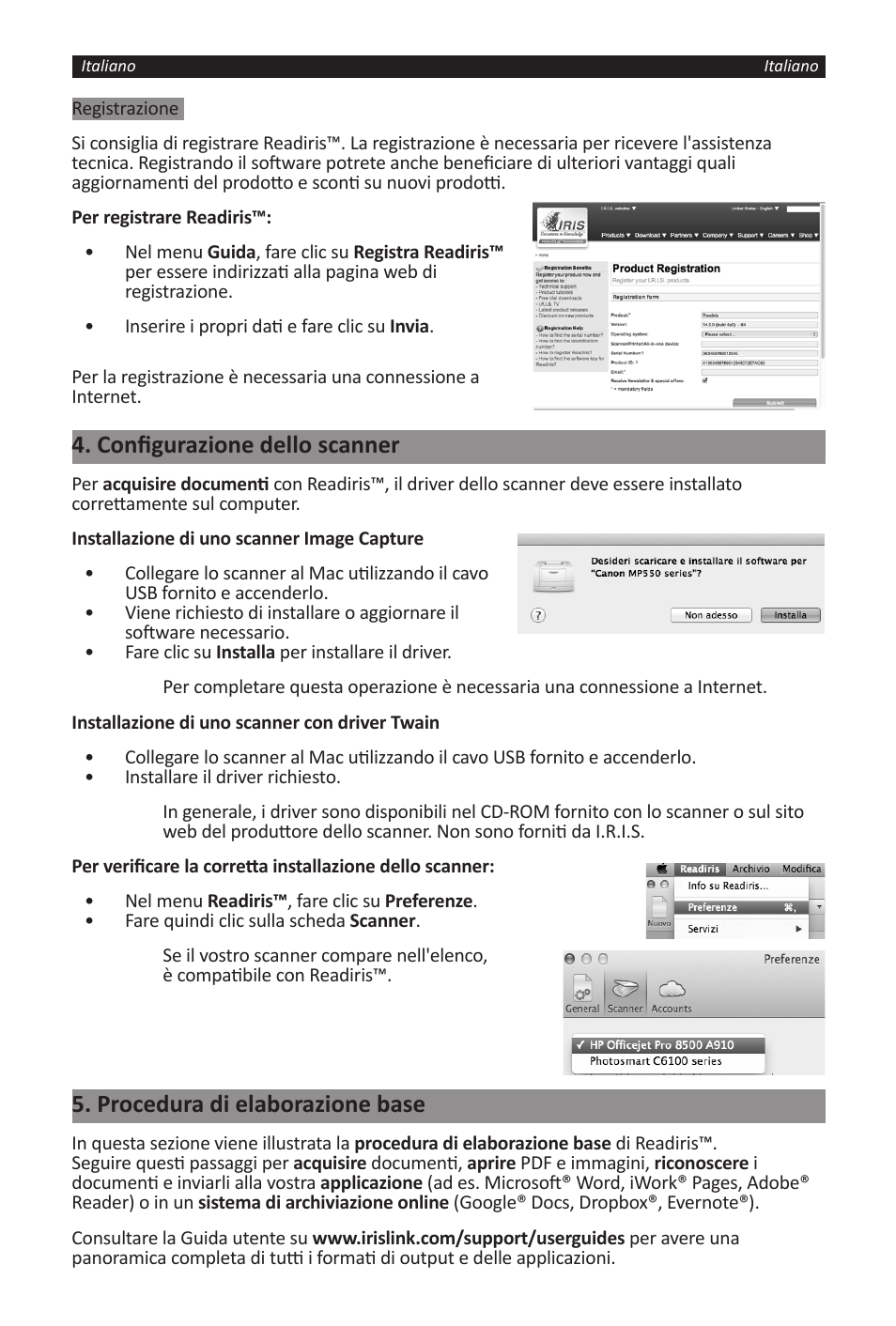 Configurazione dello scanner, Procedura di elaborazione base | I.R.I.S. Readiris 14 for Windows for Mac Quick Start User Manual | Page 28 / 71