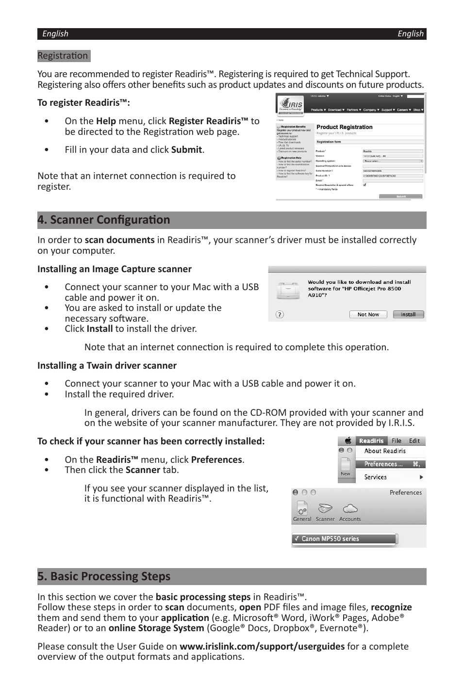 Scanner configuration, Basic processing steps | I.R.I.S. Readiris 14 for Windows for Mac Quick Start User Manual | Page 3 / 71