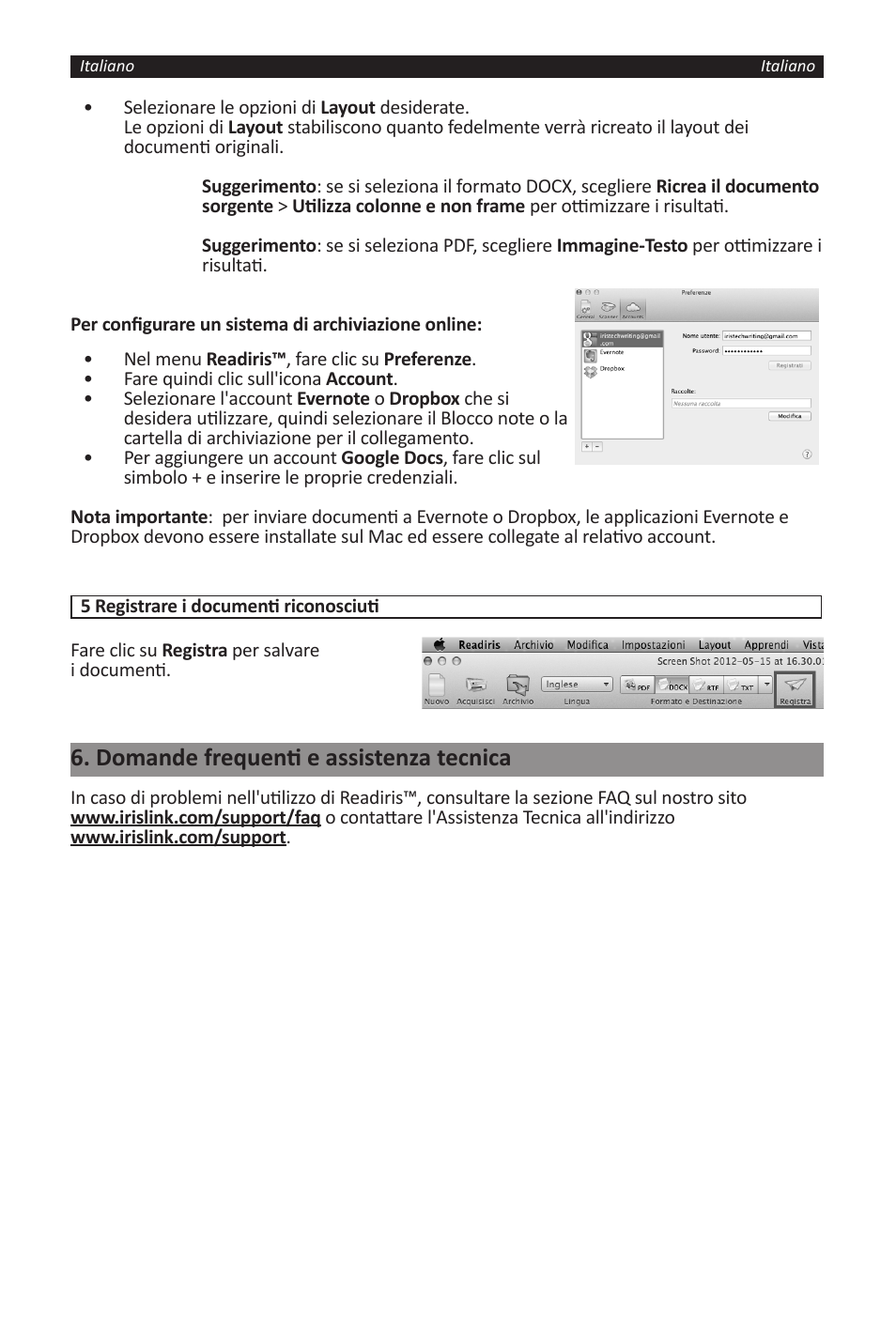 Domande frequenti e assistenza tecnica | I.R.I.S. Readiris 14 for Windows for Mac Quick Start User Manual | Page 31 / 71