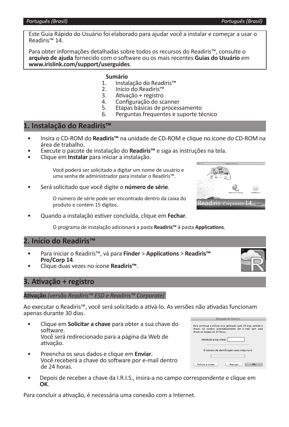 Instalação do readiris, Início do readiris, Ativação + registro | I.R.I.S. Readiris 14 for Windows for Mac Quick Start User Manual | Page 32 / 71