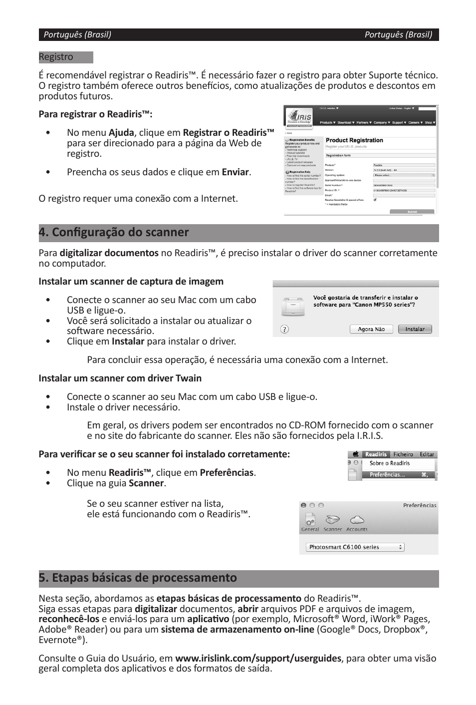Configuração do scanner, Etapas básicas de processamento | I.R.I.S. Readiris 14 for Windows for Mac Quick Start User Manual | Page 33 / 71