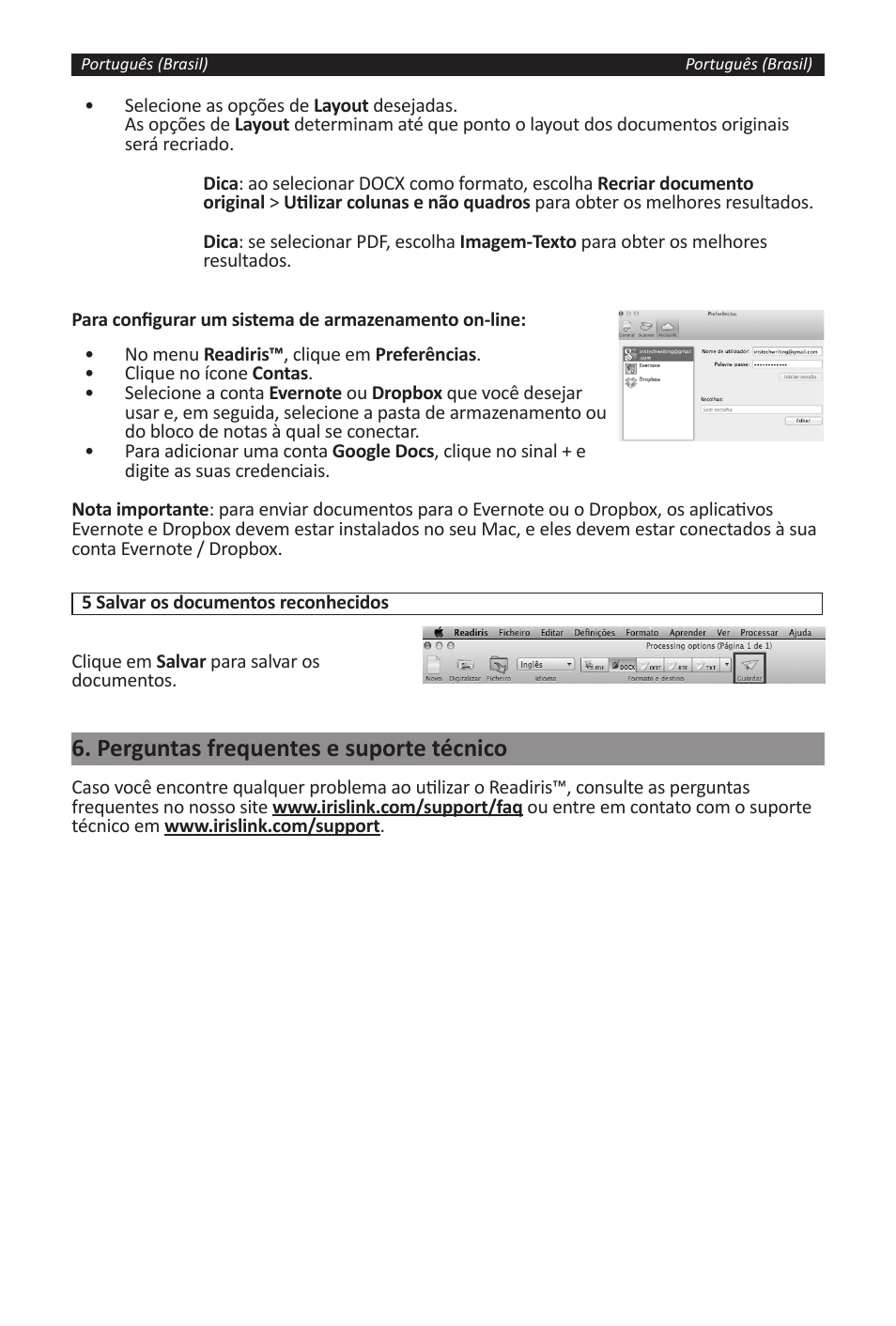 Perguntas frequentes e suporte técnico | I.R.I.S. Readiris 14 for Windows for Mac Quick Start User Manual | Page 36 / 71
