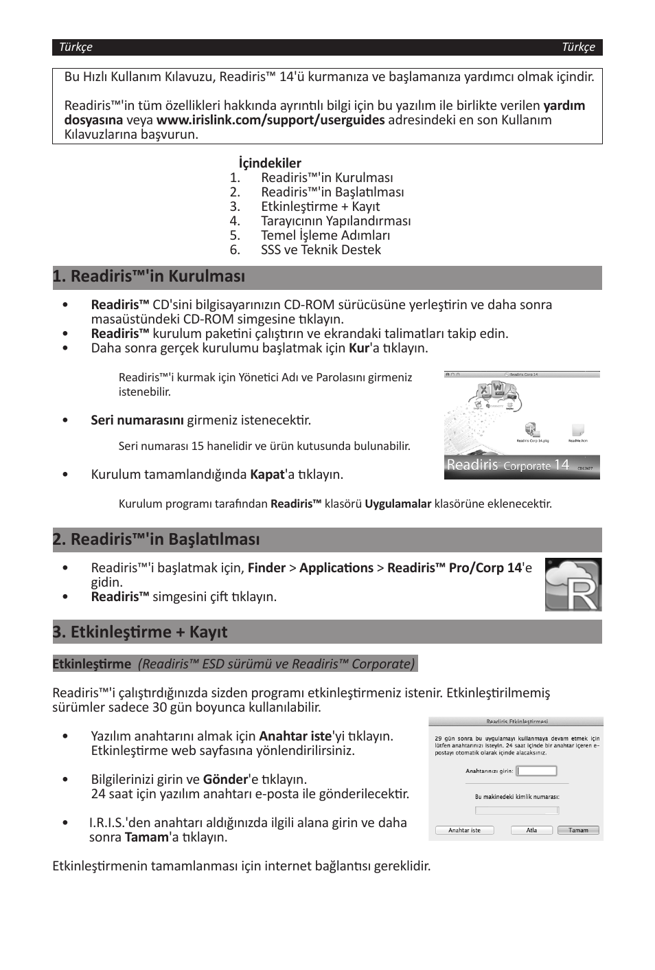 Readiris™'in kurulması, Readiris™'in başlatılması, Etkinleştirme + kayıt | I.R.I.S. Readiris 14 for Windows for Mac Quick Start User Manual | Page 42 / 71
