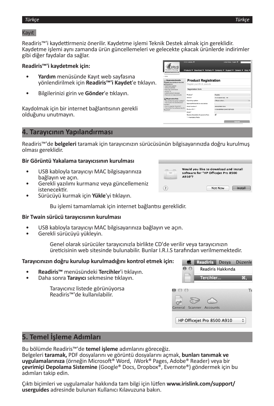 Tarayıcının yapılandırması, Temel işleme adımları | I.R.I.S. Readiris 14 for Windows for Mac Quick Start User Manual | Page 43 / 71