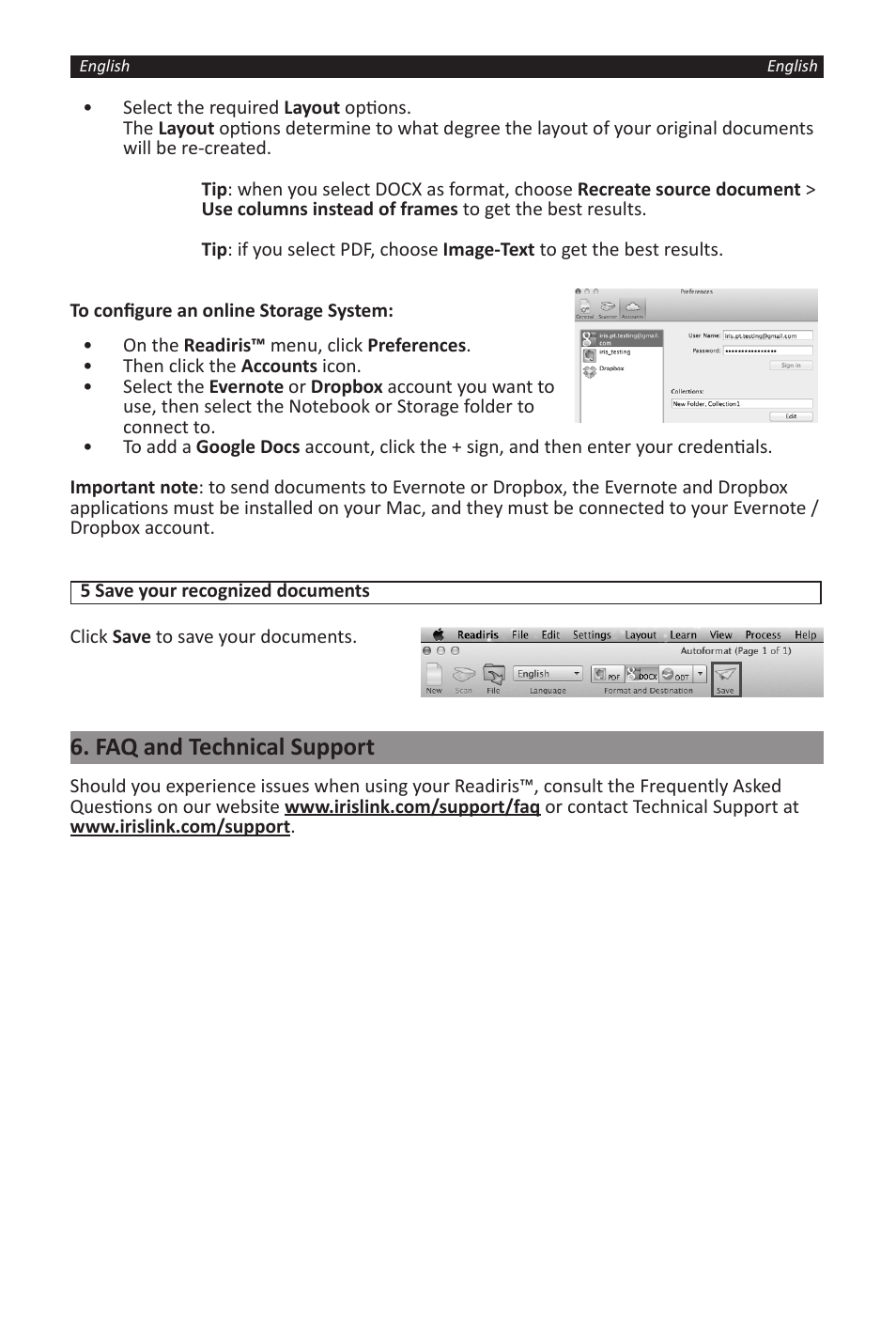 Faq and technical support | I.R.I.S. Readiris 14 for Windows for Mac Quick Start User Manual | Page 6 / 71