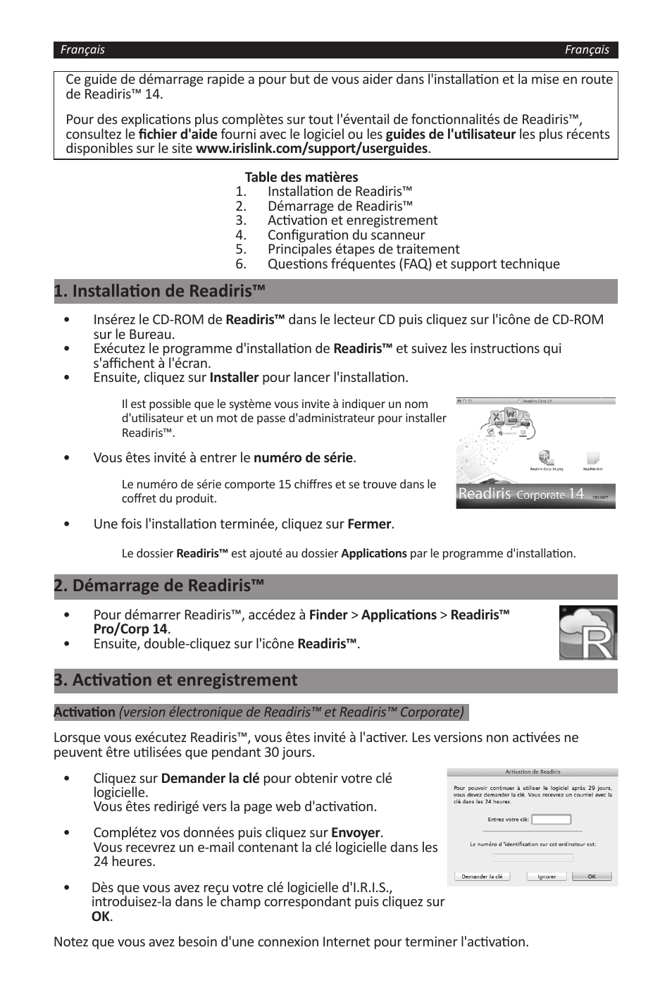 Installation de readiris, Démarrage de readiris, Activation et enregistrement | I.R.I.S. Readiris 14 for Windows for Mac Quick Start User Manual | Page 7 / 71