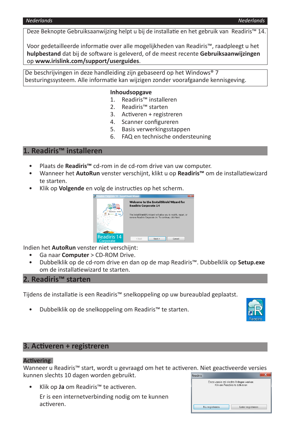 Readiris™ installeren, Readiris™ starten, Activeren + registreren | I.R.I.S. Readiris 14 for Windows for Windows Quick Start User Manual | Page 14 / 85