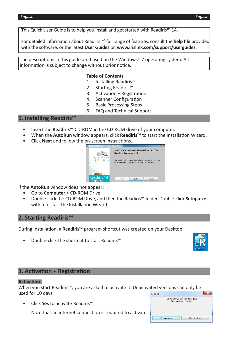 Installing readiris, Starting readiris, Activation + registration | I.R.I.S. Readiris 14 for Windows for Windows Quick Start User Manual | Page 2 / 85