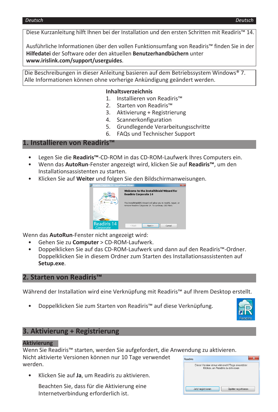 Installieren von readiris, Starten von readiris, Aktivierung + registrierung | I.R.I.S. Readiris 14 for Windows for Windows Quick Start User Manual | Page 20 / 85