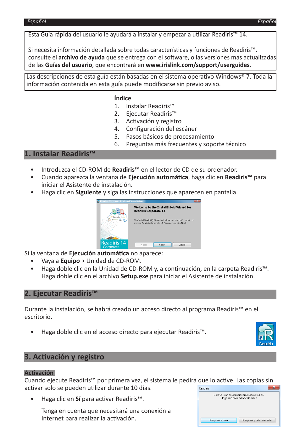 Instalar readiris, Ejecutar readiris, Activación y registro | I.R.I.S. Readiris 14 for Windows for Windows Quick Start User Manual | Page 26 / 85