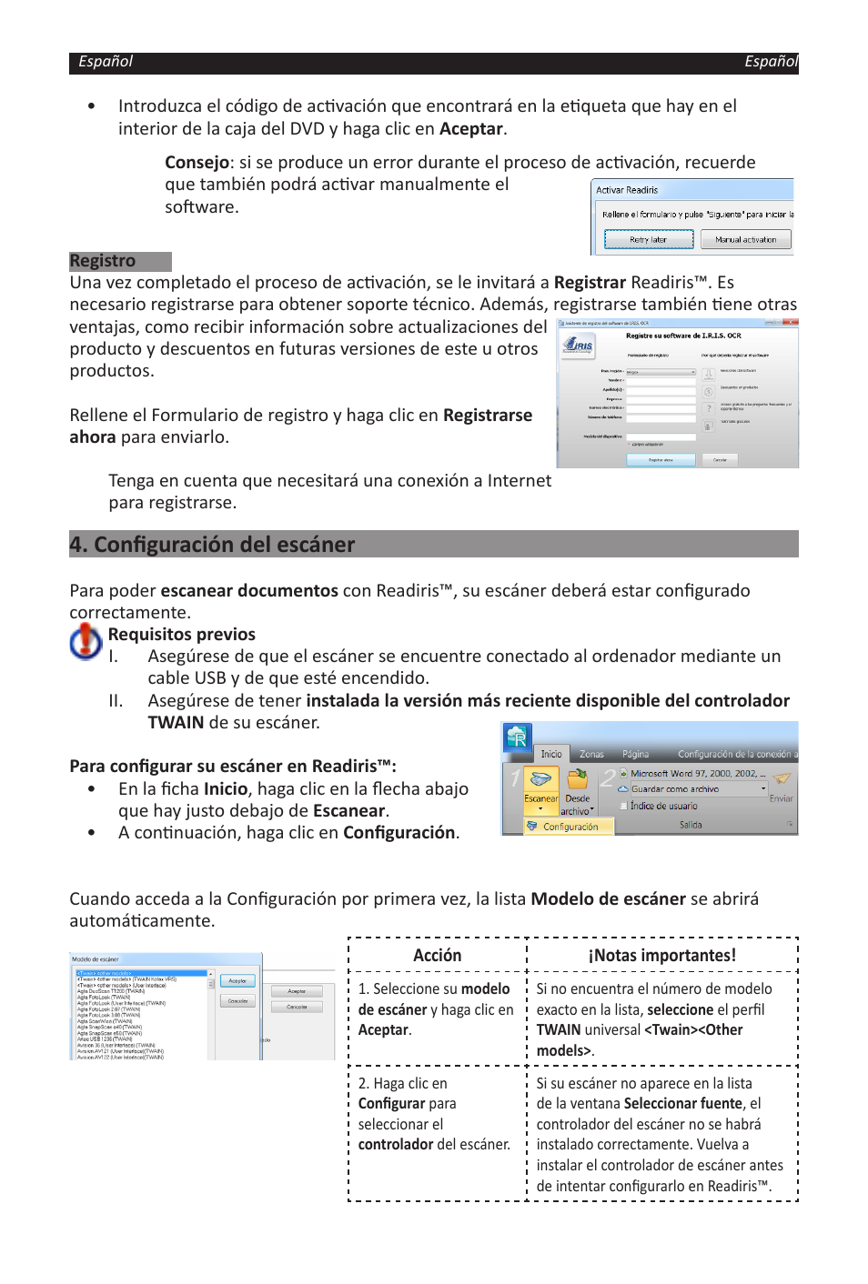 Configuración del escáner | I.R.I.S. Readiris 14 for Windows for Windows Quick Start User Manual | Page 27 / 85