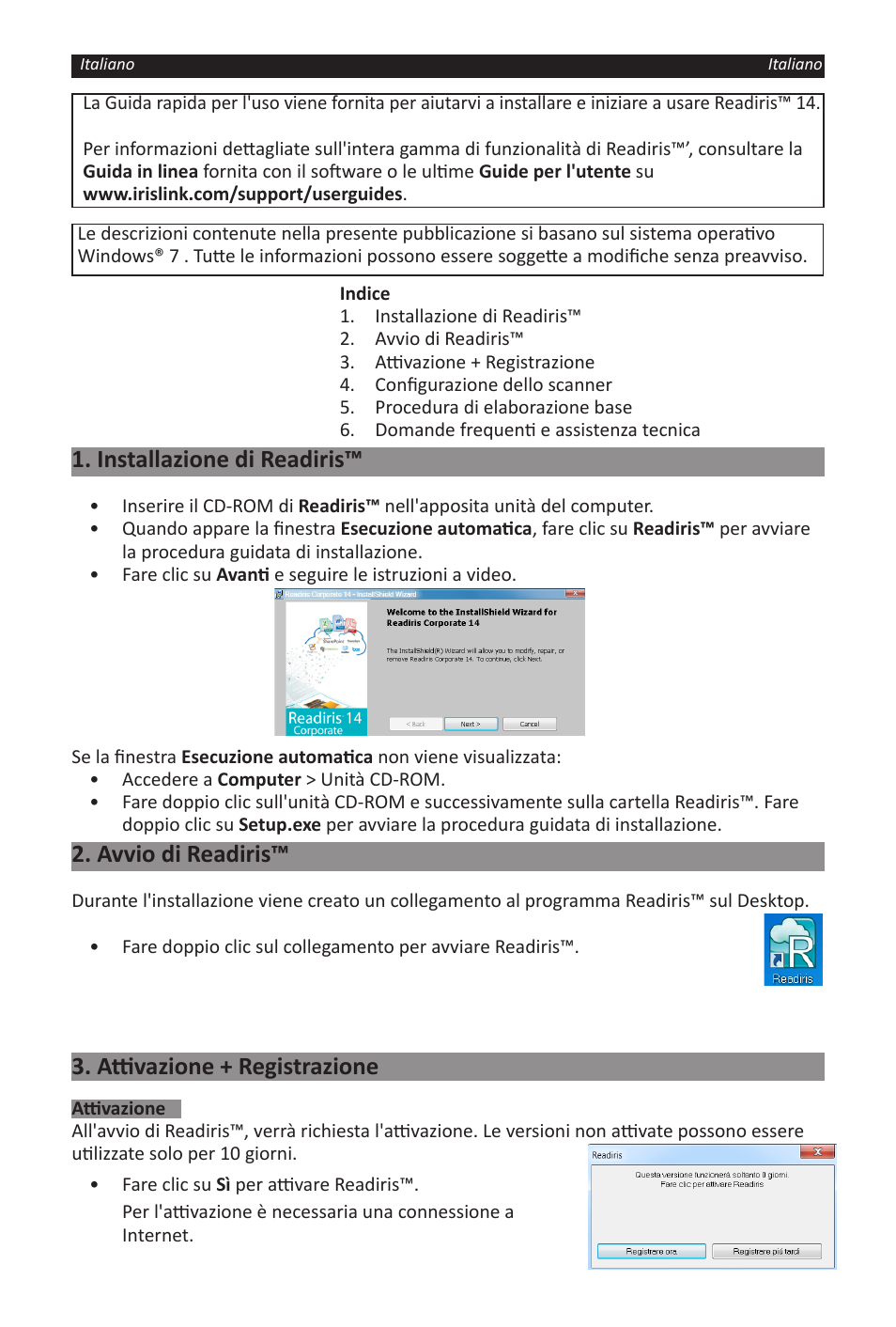 Installazione di readiris, Avvio di readiris, Attivazione + registrazione | I.R.I.S. Readiris 14 for Windows for Windows Quick Start User Manual | Page 32 / 85