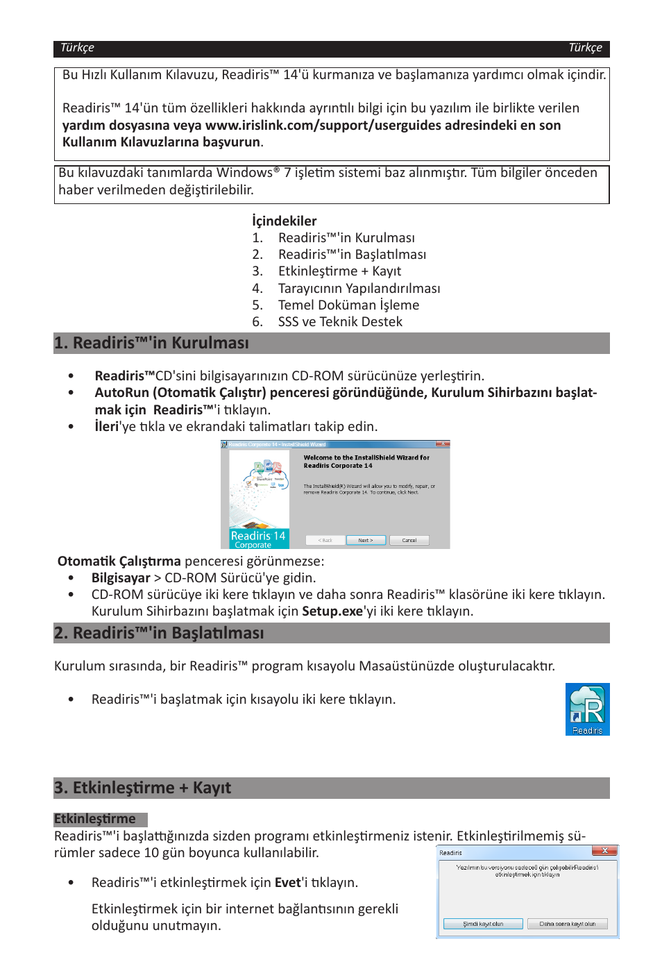 Readiris™'in kurulması, Readiris™'in başlatılması, Etkinleştirme + kayıt | I.R.I.S. Readiris 14 for Windows for Windows Quick Start User Manual | Page 50 / 85