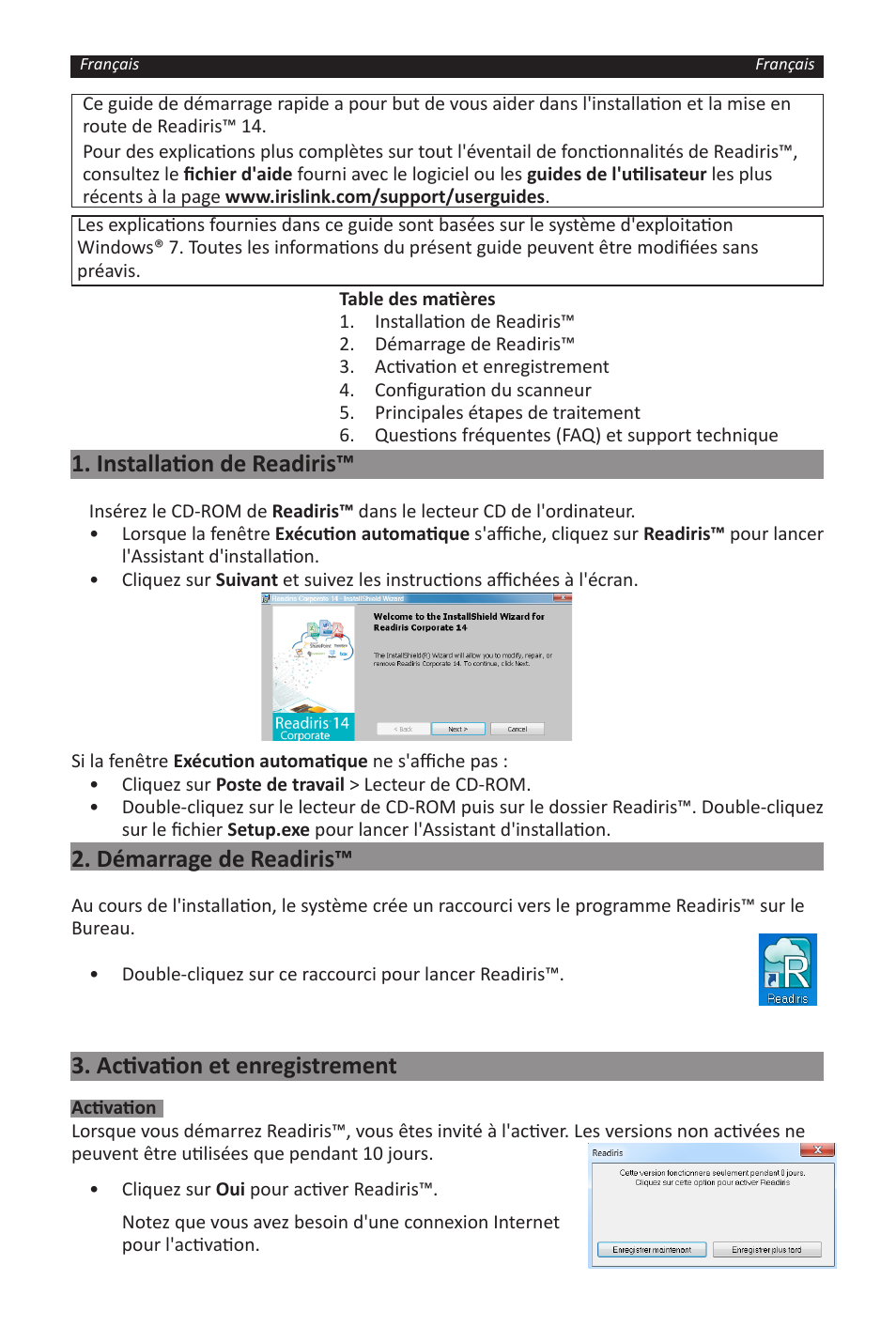 Installation de readiris, Démarrage de readiris, Activation et enregistrement | I.R.I.S. Readiris 14 for Windows for Windows Quick Start User Manual | Page 8 / 85