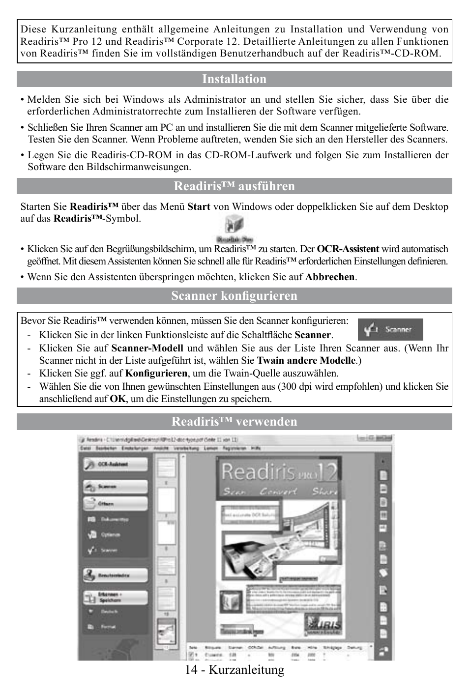 Installation, Readiris™ ausführen, Scanner konfigurieren | Readiris™ verwenden 14 - kurzanleitung | I.R.I.S. Readiris Corporate 12 for Windows Quick Start User Manual | Page 14 / 74