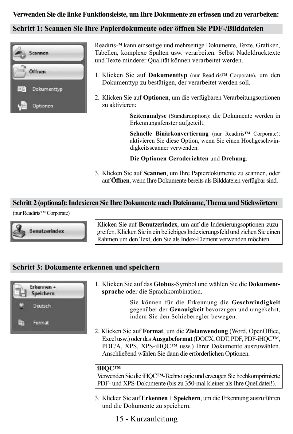 15 - kurzanleitung | I.R.I.S. Readiris Corporate 12 for Windows Quick Start User Manual | Page 15 / 74