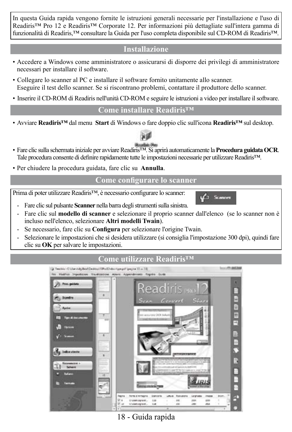 Installazione, Come installare readiris, Come configurare lo scanner | Come utilizzare readiris™ 18 - guida rapida | I.R.I.S. Readiris Corporate 12 for Windows Quick Start User Manual | Page 18 / 74