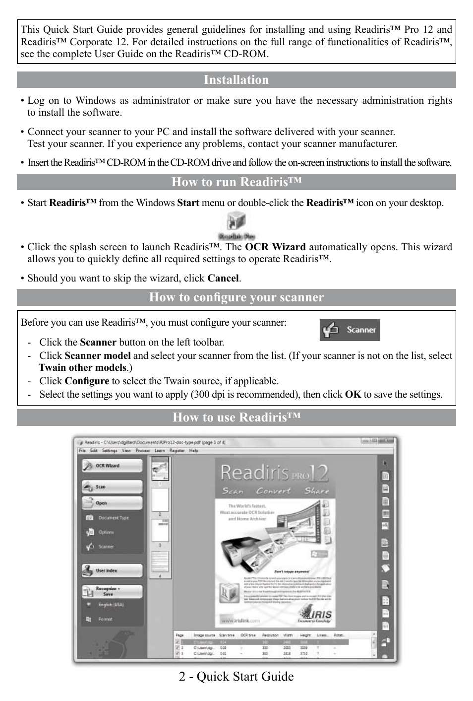 Installation, How to run readiris, How to configure your scanner | How to use readiris™ 2 - quick start guide | I.R.I.S. Readiris Corporate 12 for Windows Quick Start User Manual | Page 2 / 74