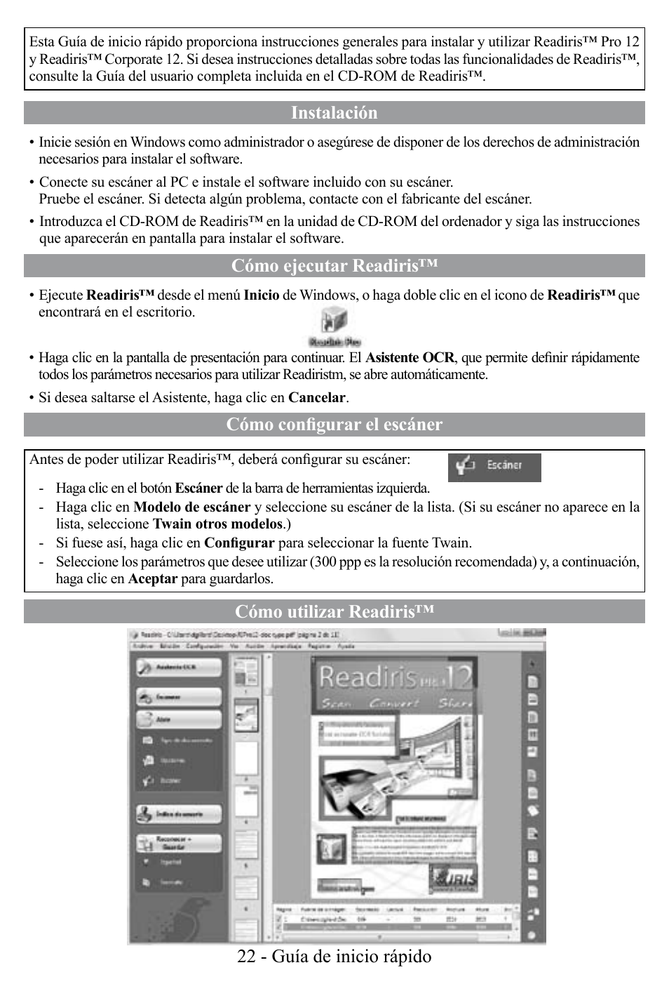 Instalación, Cómo ejecutar readiris, Cómo configurar el escáner | Cómo utilizar readiris™ 22 - guía de inicio rápido | I.R.I.S. Readiris Corporate 12 for Windows Quick Start User Manual | Page 22 / 74