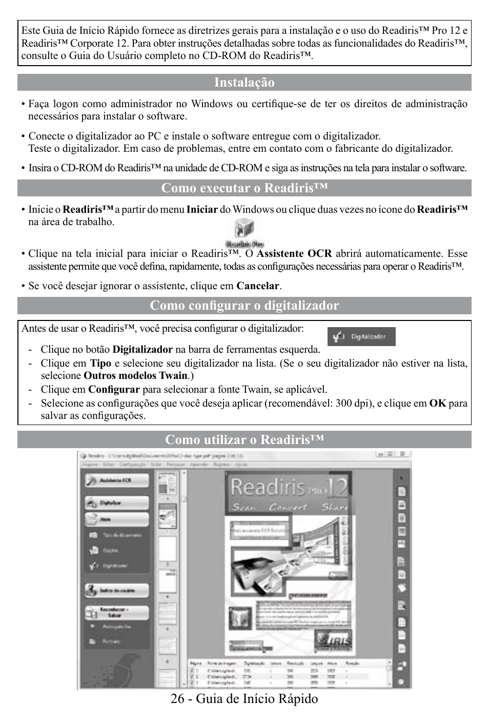 Instalação, Como executar o readiris, Como configurar o digitalizador | I.R.I.S. Readiris Corporate 12 for Windows Quick Start User Manual | Page 26 / 74