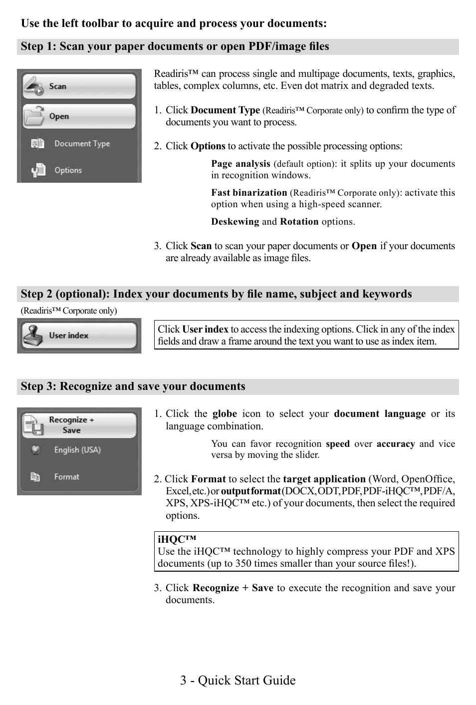 3 - quick start guide | I.R.I.S. Readiris Corporate 12 for Windows Quick Start User Manual | Page 3 / 74