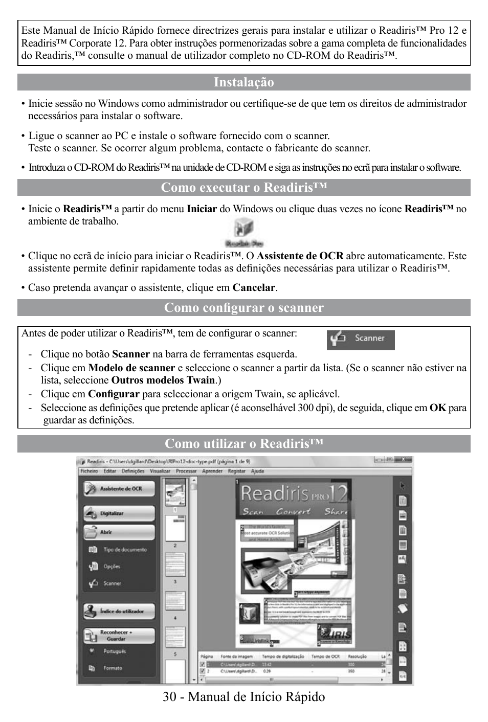 Instalação, Como executar o readiris, Como configurar o scanner | I.R.I.S. Readiris Corporate 12 for Windows Quick Start User Manual | Page 30 / 74