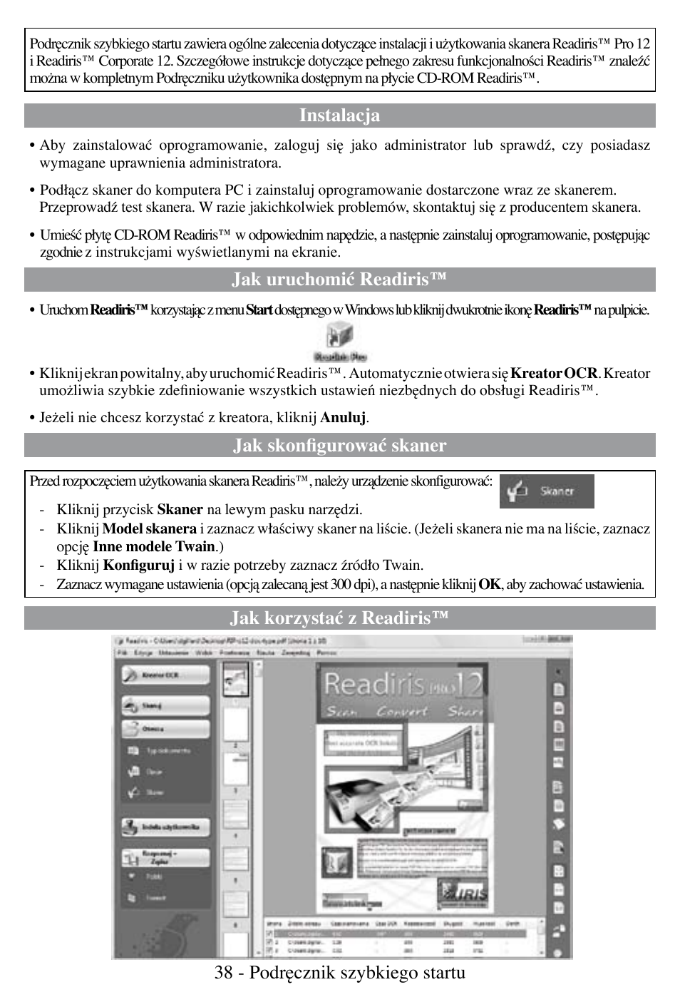 Instalacja, Jak uruchomić readiris, Jak skonfigurować skaner | I.R.I.S. Readiris Corporate 12 for Windows Quick Start User Manual | Page 38 / 74