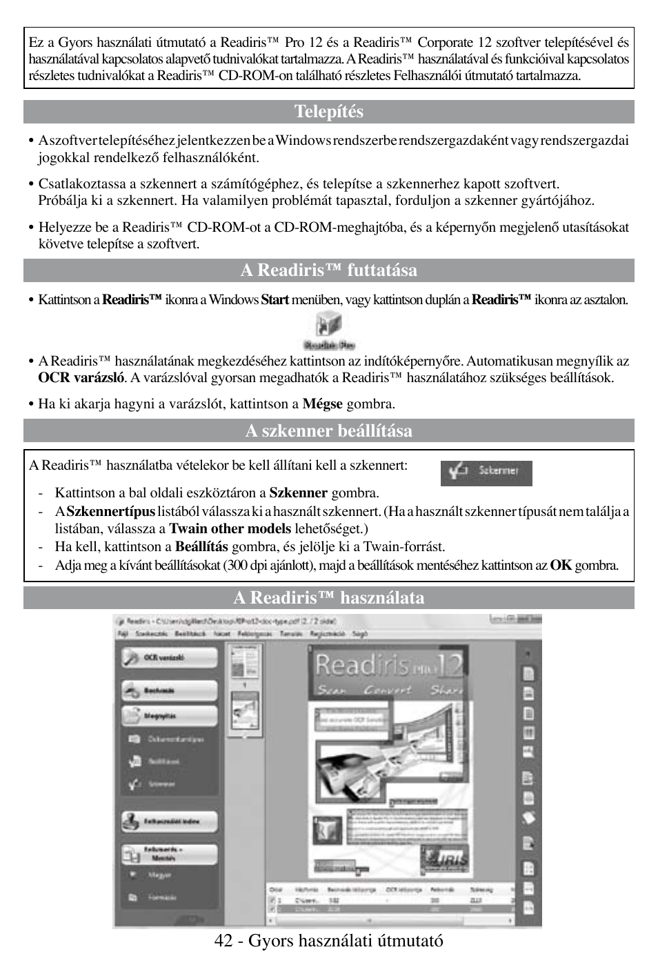 Telepítés, A readiris™ futtatása, A szkenner beállítása | I.R.I.S. Readiris Corporate 12 for Windows Quick Start User Manual | Page 42 / 74