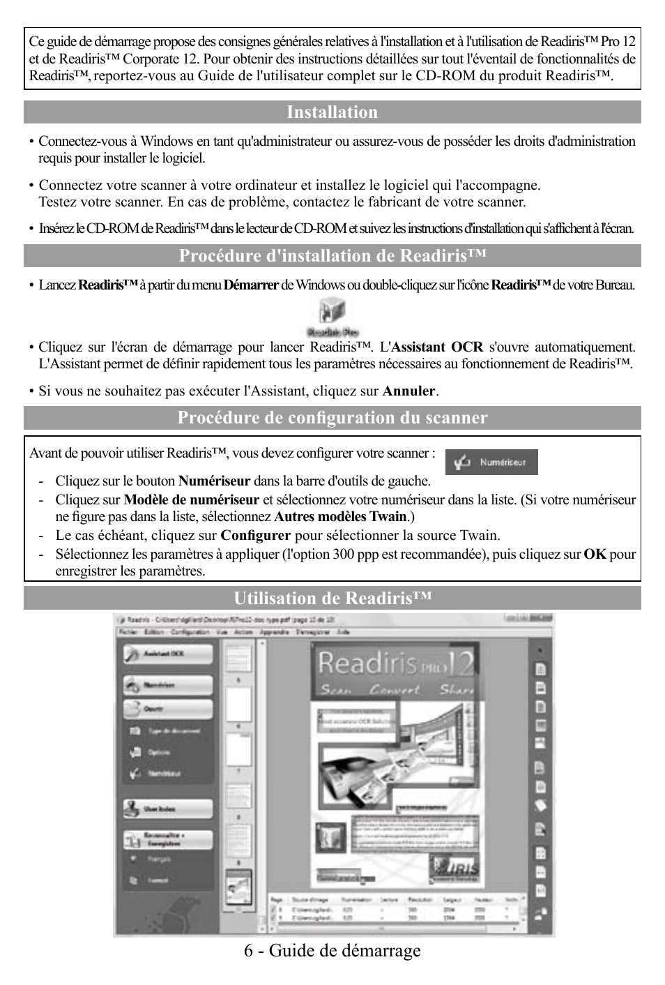 Installation, Procédure d'installation de readiris, Procédure de configuration du scanner | Utilisation de readiris™ 6 - guide de démarrage | I.R.I.S. Readiris Corporate 12 for Windows Quick Start User Manual | Page 6 / 74