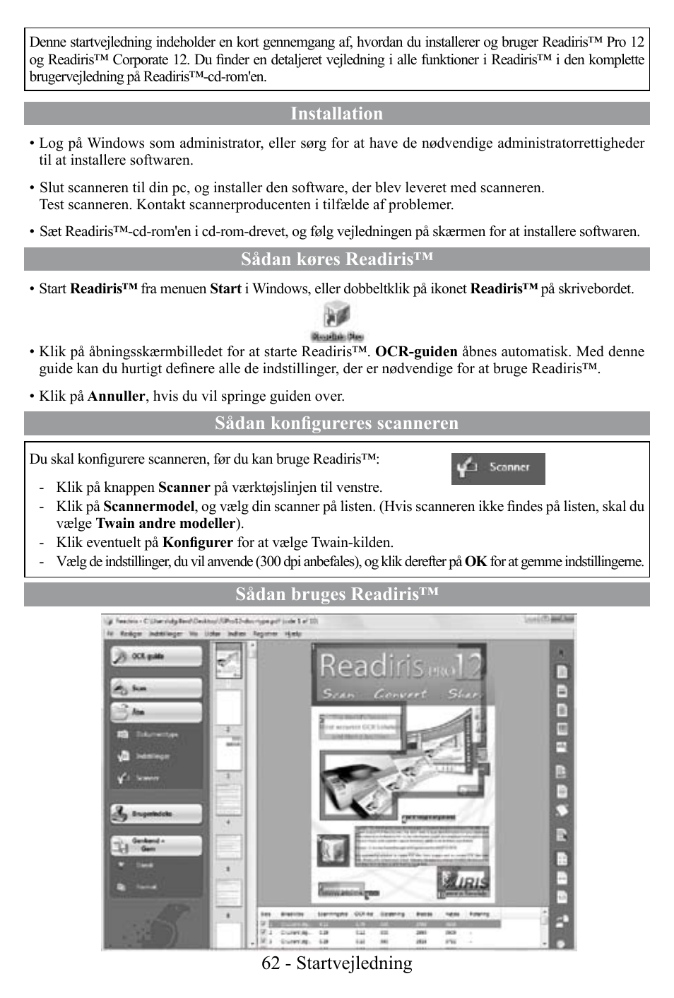 Installation, Sådan køres readiris, Sådan konfigureres scanneren | Sådan bruges readiris™ 62 - startvejledning | I.R.I.S. Readiris Corporate 12 for Windows Quick Start User Manual | Page 62 / 74