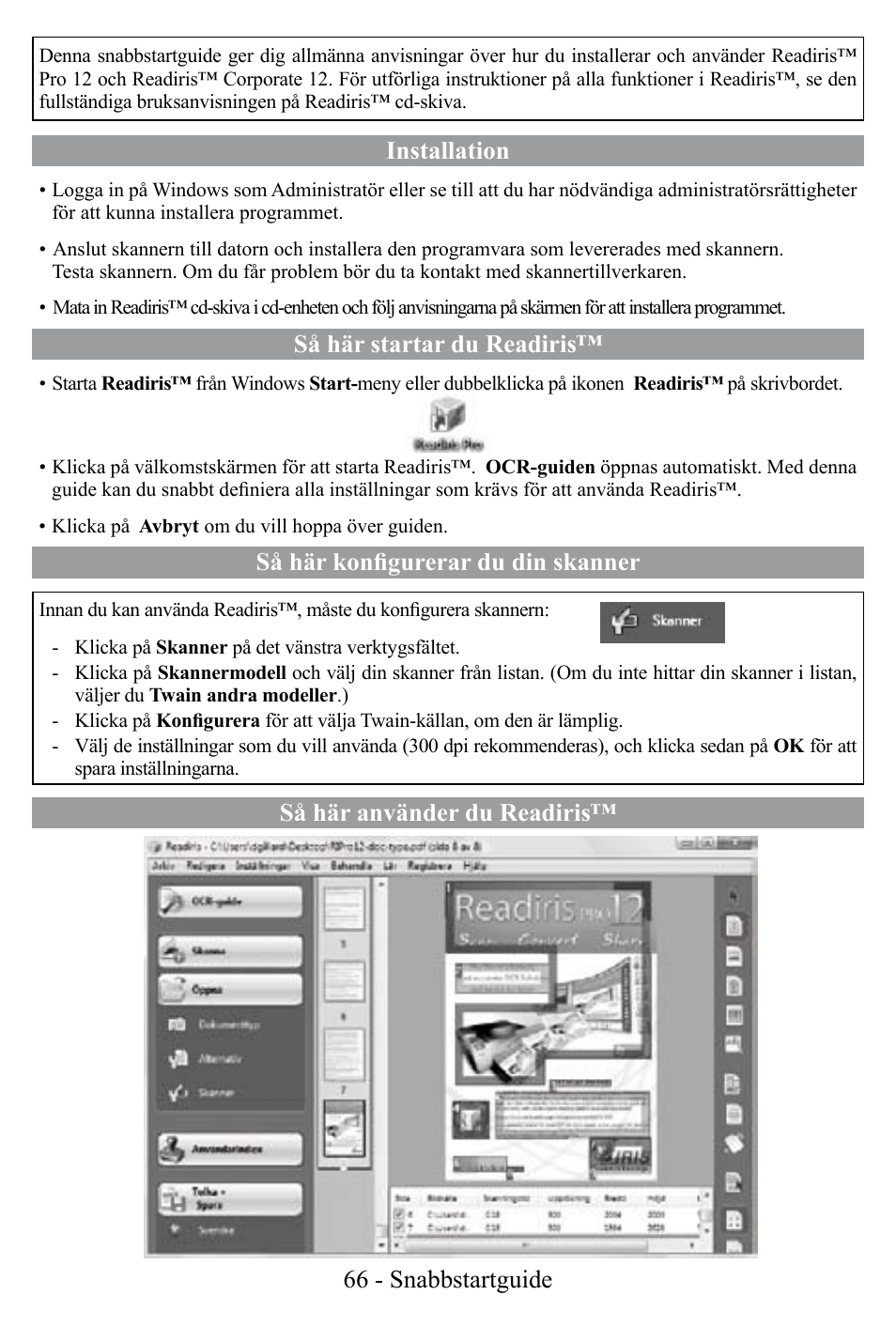 Installation, Så här startar du readiris, Så här konfigurerar du din skanner | Så här använder du readiris™ 66 - snabbstartguide | I.R.I.S. Readiris Corporate 12 for Windows Quick Start User Manual | Page 66 / 74