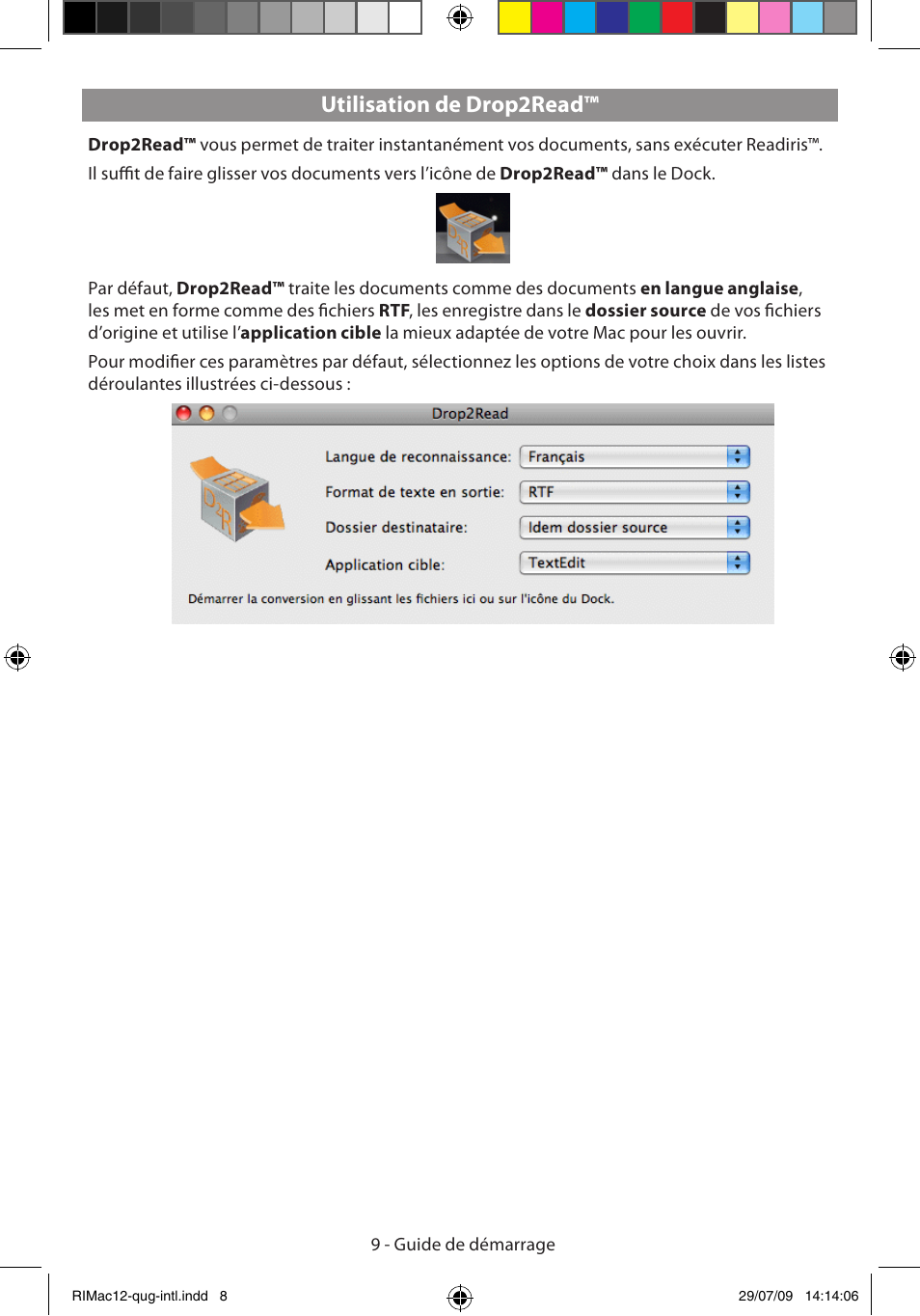 Utilisation de drop2read | I.R.I.S. Readiris Corporate 12 for Mac Quick Start User Manual | Page 9 / 25