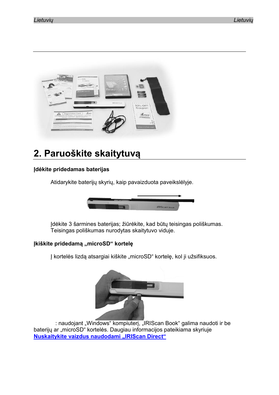 Patikrinkite priedus, Paruoškite skaitytuvą, Įdėkite pridedamas baterijas | Įkiškite pridedamą „microsd“ kortelę | I.R.I.S. IRISCan Book 3 User Manual | Page 120 / 201