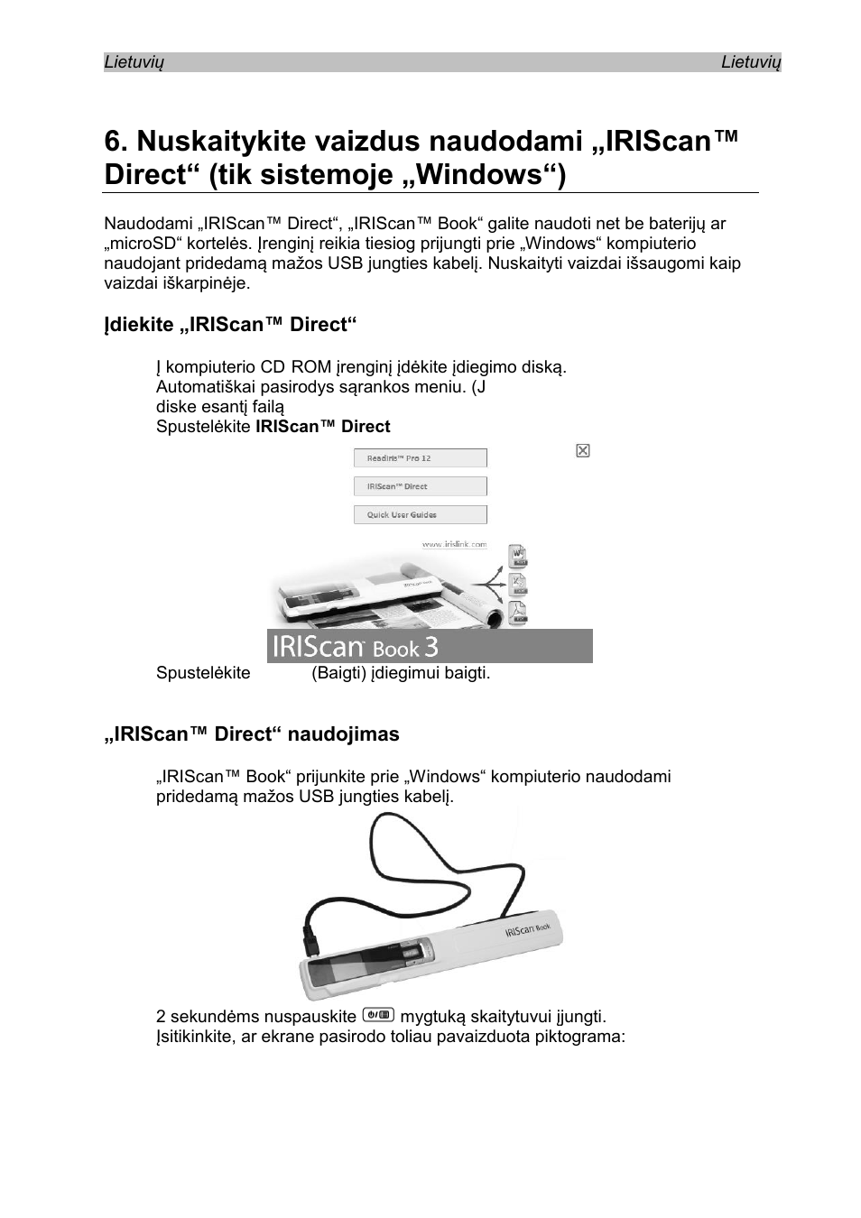 Įdiekite „iriscan™ direct, Iriscan™ direct“ naudojimas, Sistemoje „windows“) | I.R.I.S. IRISCan Book 3 User Manual | Page 126 / 201