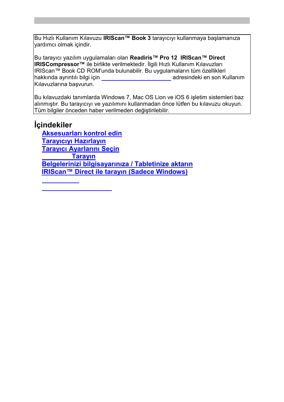 Turkish, Içindekiler | I.R.I.S. IRISCan Book 3 User Manual | Page 132 / 201